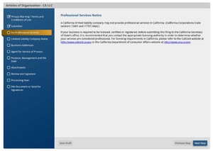 California Articles of Organization Form LLC-1 Screenshot of Professional Services Notice